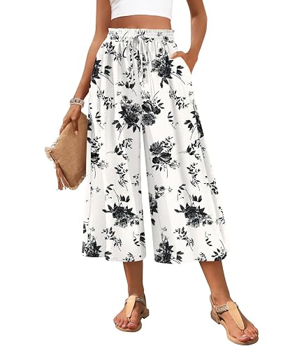 HEYHUN Women's Solid Wide Leg Flared Capri Boho Gaucho Pants